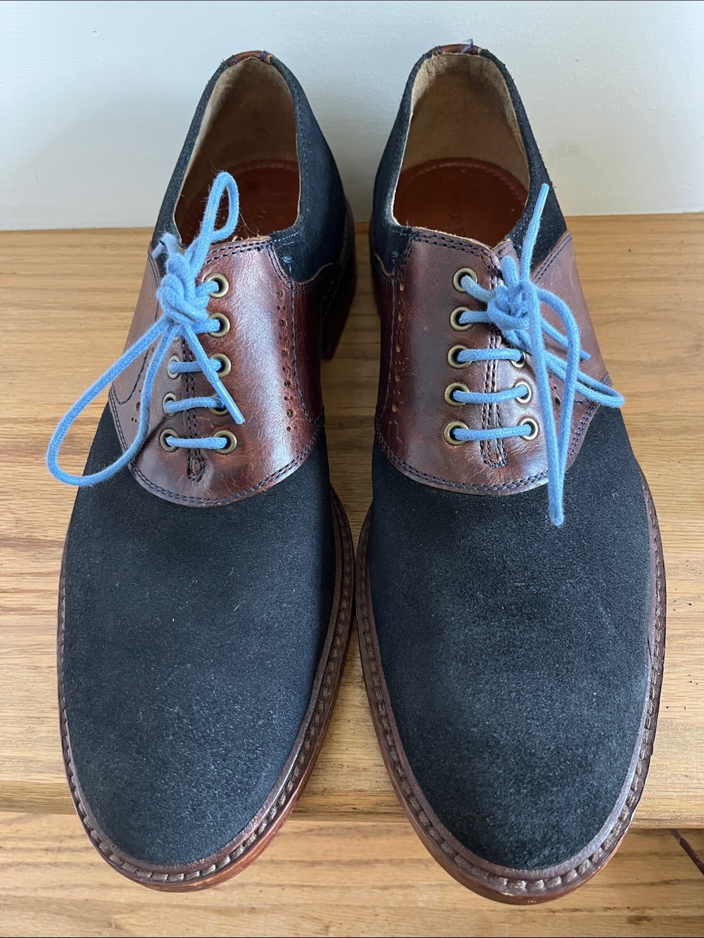 Trask Black Suede and Brown Leather Derby Shoes with Light Blue Laces